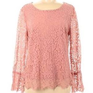 Adrienne Vittadini Blush Alencon Lace Blouse 3/4 Sleeve